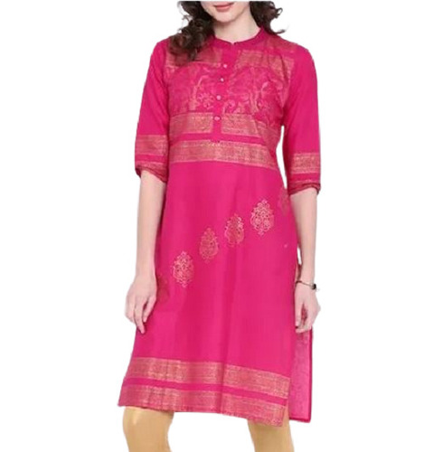 3 By 4 Sleeve Printed Cotton Short Kurti For Women - Cotton, 38 Inches Length, Pink Color, 32 Inches
