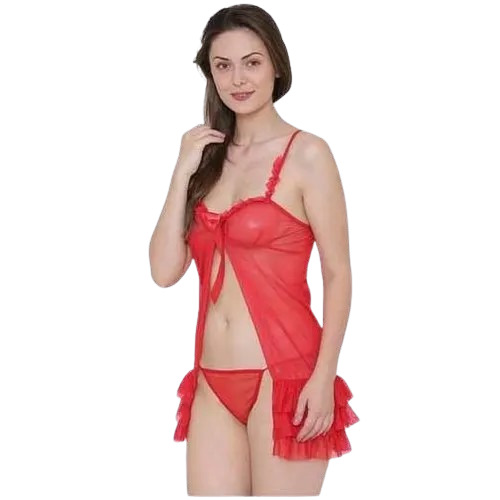 Nightwear Baby Doll Dress - Polyester, Size: S-XXL, Color: Red | Breathable, Washable, One Piece, Sl