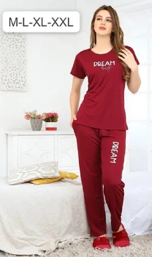 Ladies Night Suit - Silk Fabric, Short Sleeves, Various Colors Available | Comfortable Wear, Neat St