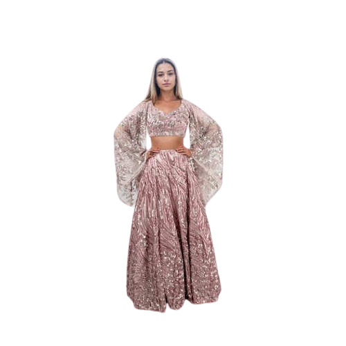 Sequins Lehenga Choli Dress - Chiffon, Size Small, Blush Pink | Bell Sleeves with Crystal Lace, Sequ