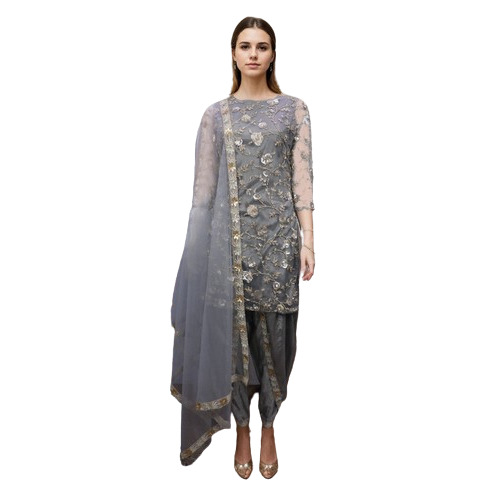 Grey Velvet and Silk Special Occasion Suit - Round Neck, 3/4 Sleeves | Golden Lace Embellishments, S