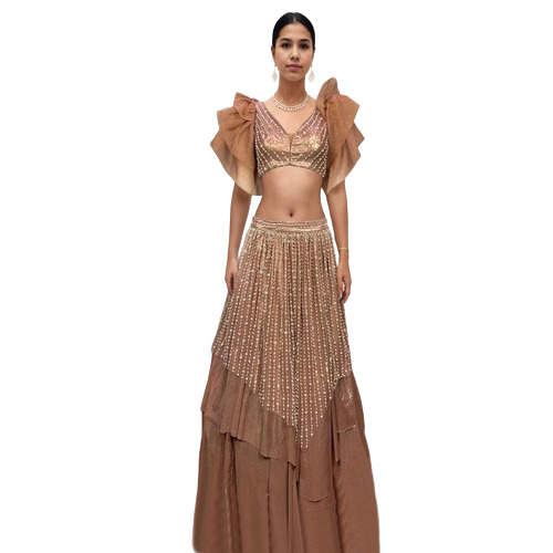 Couture Pleated Lehenga Set - Pink with White Beads, V Neck and Bell Sleeves | Modern Ethnic Wear fo