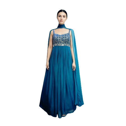 Kurti Dress Rental Service - Crepa Tissue, 4 Days Rental | Prussian Blue, Spaghetti Neck Design, Int
