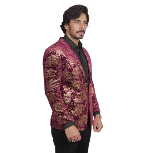 Velvet Blazer - Dark Purple, Long Sleeves with Gold Foil Baroque Print for Special Events