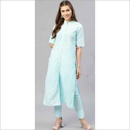 Ladies Pure Cotton Turquoise Blue Kurti With Pant