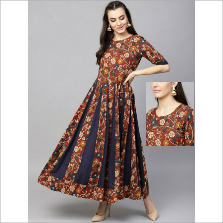 Ladies Cotton Long Kalamkari Flared Dress