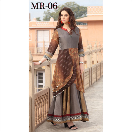 Ladies Embroidered Kurtis - Cotton Blend, 50 Inches Long, Gray Color, V-Neck, Three-Quarter Sleeves 