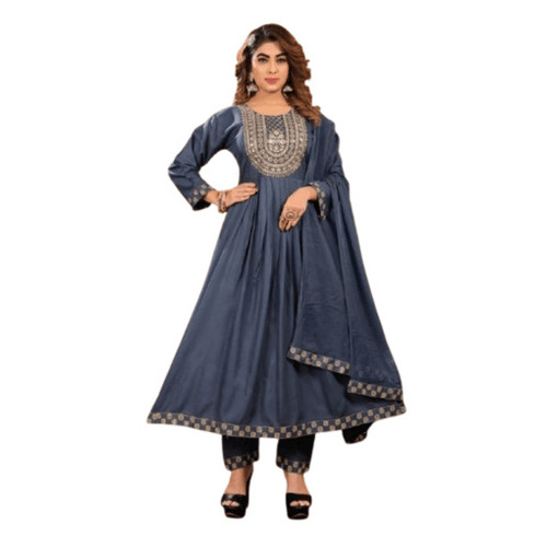Anarkali Salwar Kameez - Cotton Polyester Blend, Gray Beaded Pattern | Breathable, Anti-Wrinkle, Qui