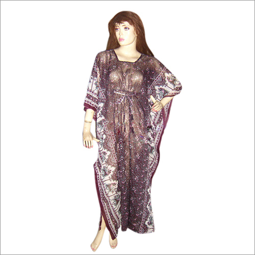 Cotton Kaftan - Free Size, Floor Length in Brown | Long Sleeves, Alluring Printed Design, Excellent 