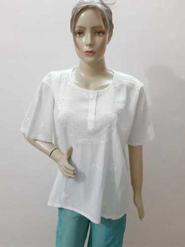 Cotton Cambric Hand Embroidery Top - Free Size, White Color, Half Sleeves, Round Neck, Button Closur