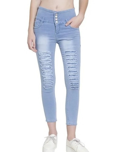 Light Blue 32 Inches Long Slim Fit And Stretchable Ripped Denim Jeans For Ladies